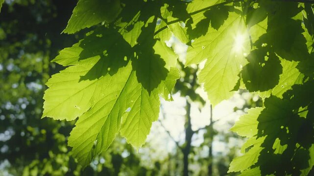 Closeup of green fresh maple leaves on a branch in beautiful nature moving in a breeze, with the sun shining through them. 