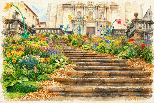 watercolor illustration of city in flower festival. Temps de flors