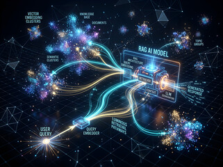 Visual representation of a RAG AI model with various data pathways and clusters