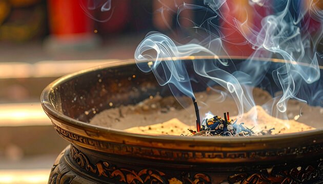 Incense burning in decorative bowl with smoke rising against blurred background