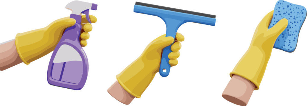 Cleaning gloves with spray bottle, squeegee and sponge illustration for household hygiene vector projects