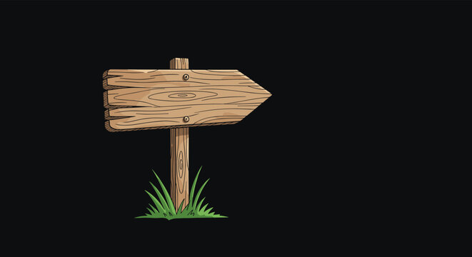 Rustic wooden arrow sign pointing to the right stands in a patch of green grass against a solid black background.
