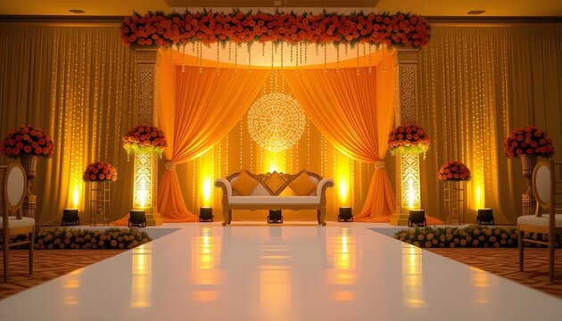 Maharashtrian haldi theme indian wedding stage decoration with turmeric tones
