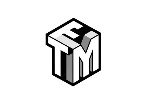 3D isometric monogram logo with letters ETM in hexagon shape