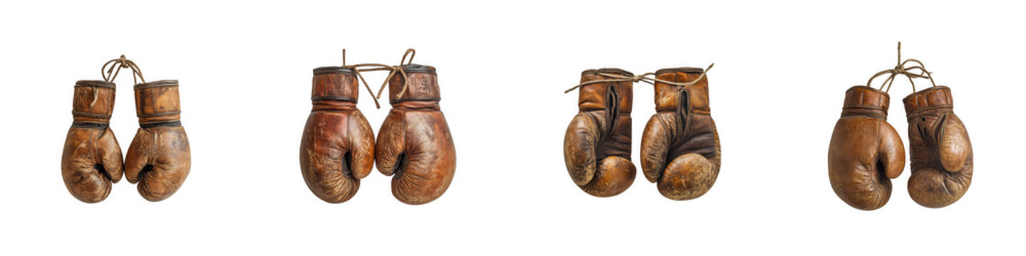Vintage boxing gloves hanging, old leather fight mitts as cut out PNG isolated on transparent background