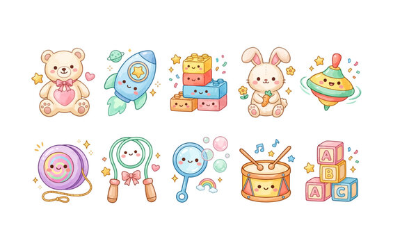 watercolor, kawaii clipart, toy clipart, teddy bear, toy rocket, lego blocks, stuffed bunny, spinning top, yo-yo, jump rope, bubble wand, toy drum, ABC blocks, alphabet blocks, kawaii toy, kids toy, p