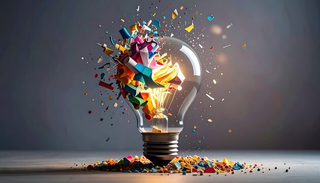 Exploding light bulb with colorful confetti concept for creative innovation