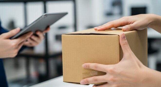 Delivery Person Using Tablet to Scan Package for Customer Receiving Parcel at Home or