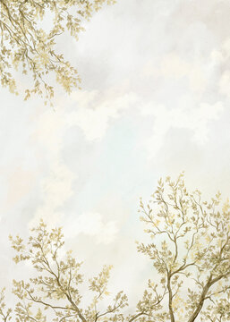 Watercolor vintage composition of summer, autumn tree branches with foliage against blue sky in forest on paper texture. Hand drawn illustration sketch