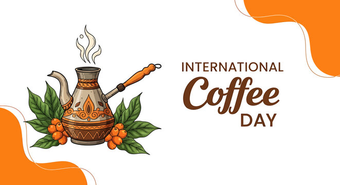 International Coffee Day celebration with traditional coffee pot and beans  coffee culture