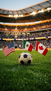 USA, Mexico, And Canada flags with soccer ball in stadium for 2026 World Cup