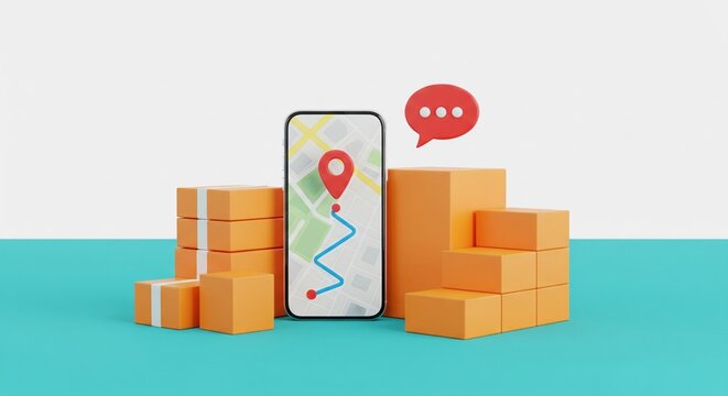 Delivery tracking app on smartphone surrounded by parcels, showing route and location pin with chat