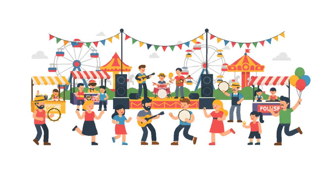 Vibrant festival crowd dancing at outdoor music event with colorful decorations