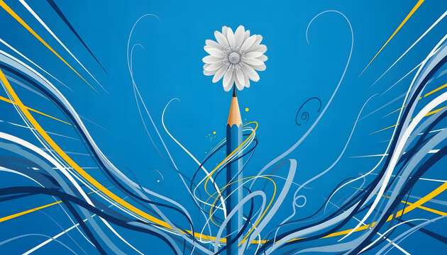 White dandelion clock with yellow blue and white lines on blue