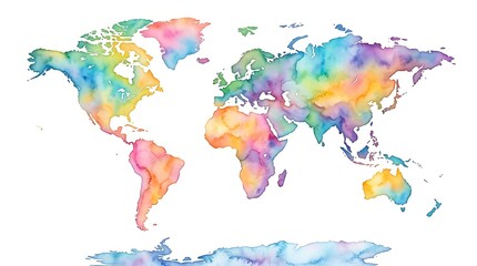 Naklejka premium Vibrant world map, colorful illustration, watercolor continents, global background