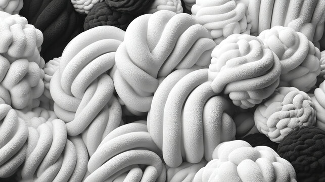 Close-up of textured, knotted abstract forms resembling bread rolls or abstract