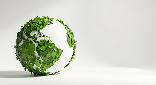 3d rendering of a globe made of green leaves isolated on white background