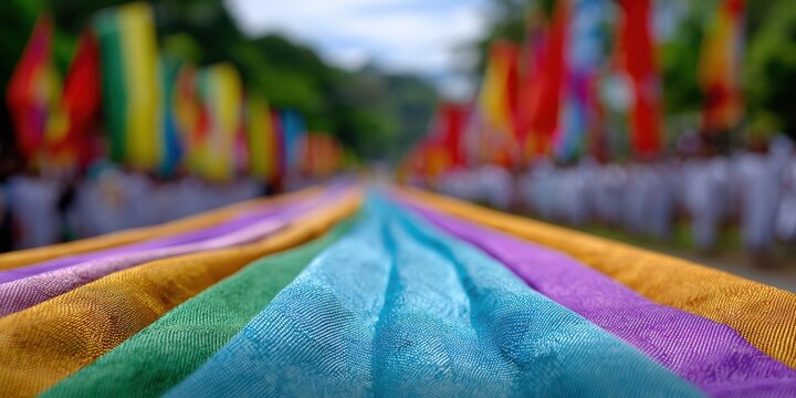 festival banner, a colorful empty banner leads a daytime vesak procession, surrounded by blurred figures and multi-colored flags text and fabric in focus