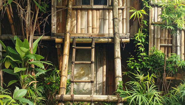 Rustic bamboo structure with ladder surrounded by lush greenery and natural light