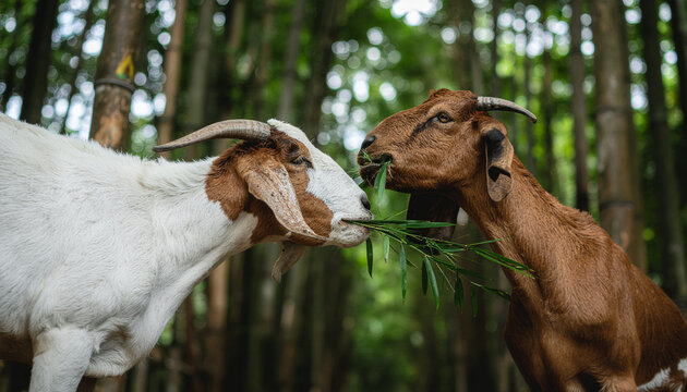 Two goats graze in a forest with lush green foliage and natural lighting