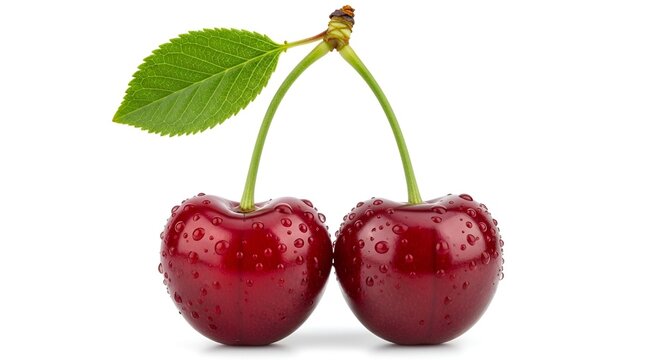 Two ripe cherries with green stem and leaf
