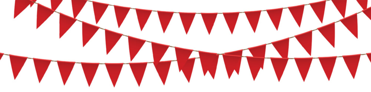Vector set of red bunting flag garlands in minimal style. Suitable for celebration themes sale banners or event graphics.