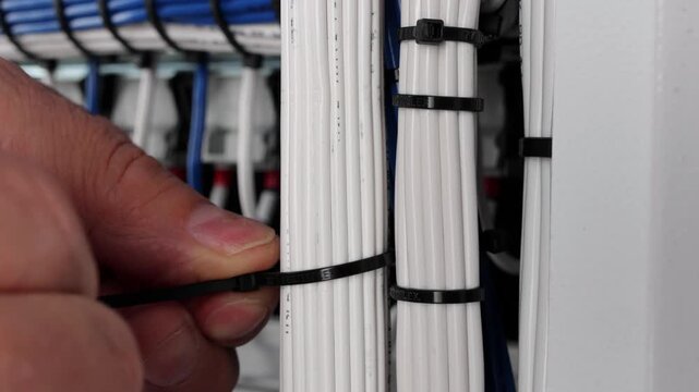 Installation of a plastic nylon tie on electrical insulated wiring wires in an electrical switchboard. 