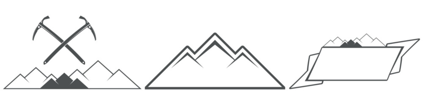 Mountain logo set with ice axes and abstract peaks vector illustration