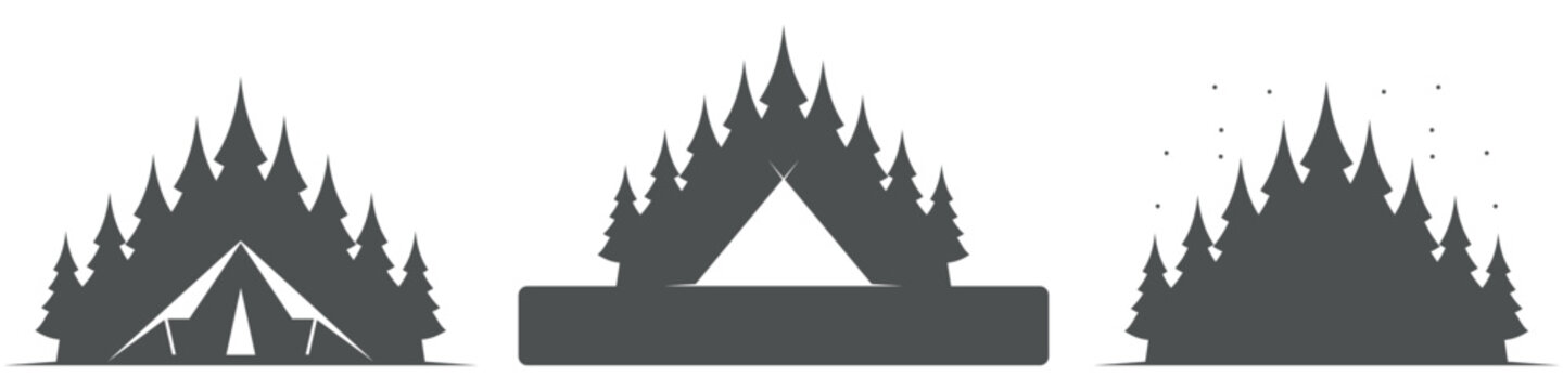 Forest camping badge set with tent nature emblems vector illustration