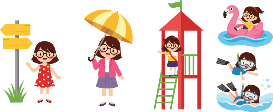 Kids Summer Activities Set with Playground, Swimming, Floating, and Outdoor Fun Scenes in Cartoon Style for Holiday and Vacation Illustration Design