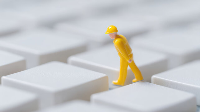 Miniature worker walking across white keyboard keys inspecting each key carefully in close up view