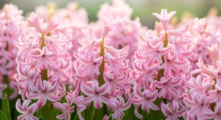 Fototapeta premium A vibrant close up of a dense cluster of delicate pink hyacinth flowers in full bloom showcasing spring's beauty