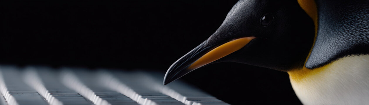 Penguin flipper pressing keyboard key with slight reflection close up view in dark background