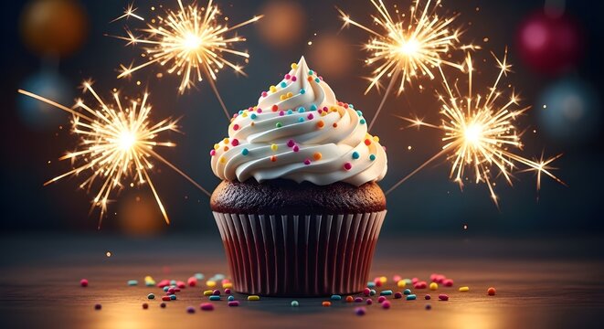 Festive chocolate cupcake with sparkling fireworks a celebration of sweetness and joyful moments