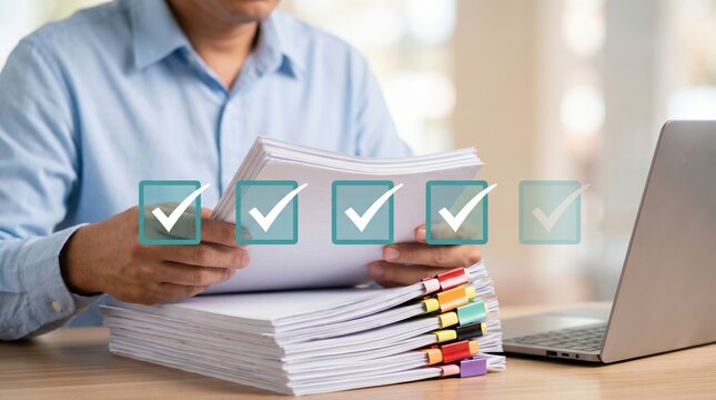 Man reviewing stack of documents with check marks overlaid task completion and verification check mark quality control project management document verification paperwork confirmation approval