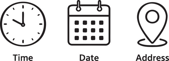 Fototapeta premium Simple line art icons representing time, date, and location as conceptual elements in motion, perfect for informational video clips and presentations