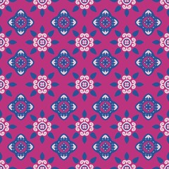 Obraz premium Pink Blue Geometric Floral Seamless Pattern, Boho Decorative Tile Background for Textile and Wallpaper 