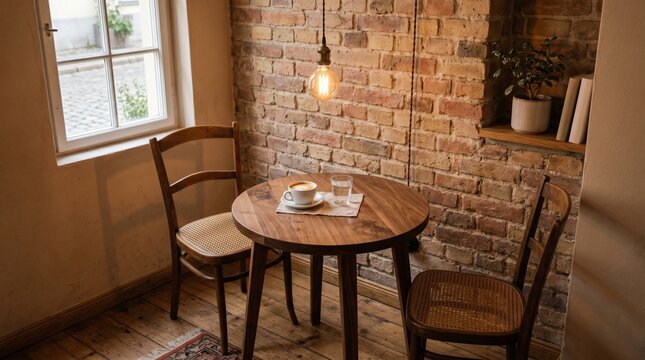 Warm coffee shop corner featuring a round table and woven chairs by a window, peaceful cafe moment, hospitality design, rustic lifestyle.