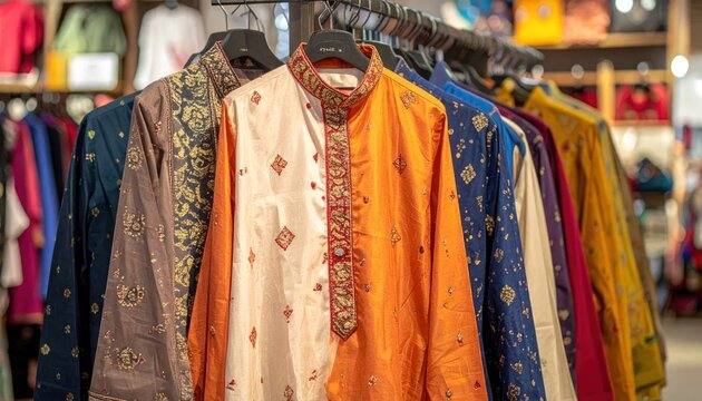 Traditional Indian Menswear Kurta Pajama Collection Displayed in Store.