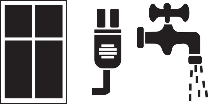 Simple black icons of window electric plug and water faucet on white background