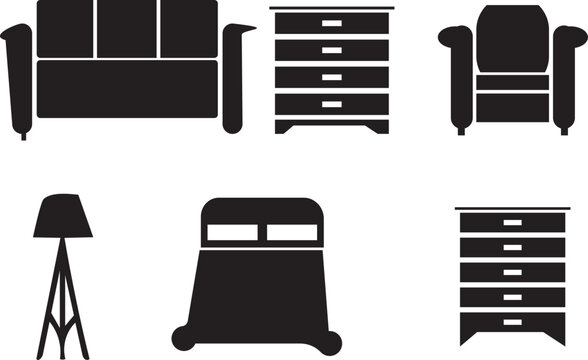 Collection of furniture icons including sofa chair dresser lamp and chest