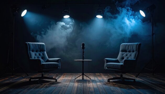 Two empty chairs and a microphone on a stage with dramatic lighting.