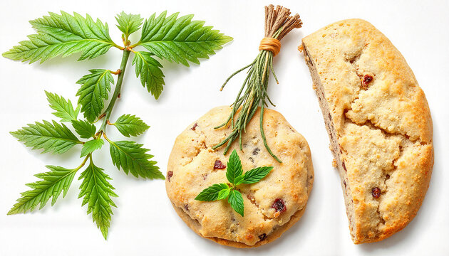 Baked cookie with herbs and green leaves on white background  