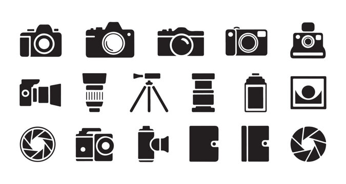Professional photography equipment icons including various camera types lenses and optical components.