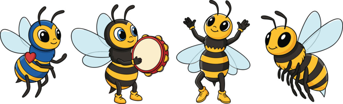 Cute Bee Characters Playing Tambourine and Flying in Cartoon Style for Kids Design, Nature Theme, Music Fun, and Animal Illustration Collection