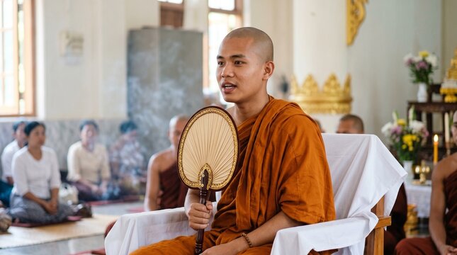 Theravada monk with watapatha speaking during sacred sermon