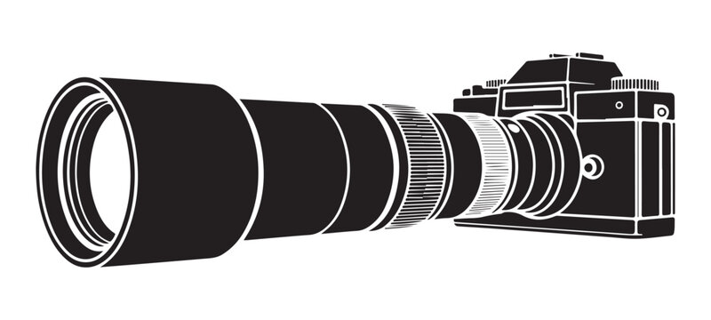 Professional dslr camera with long telephoto zoom lens silhouette isolated on white for photography design.