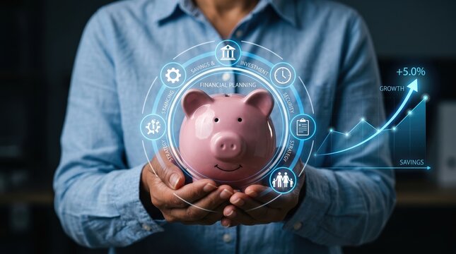 Hands holding pink piggy bank surrounded by digital icons and growth chart with financial planning investment financial collection accumulation currency increase progress strategy planning