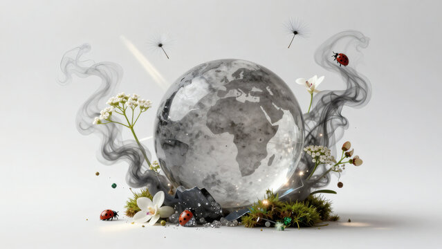Repr&eacute;sentation conceptuelle globe terrestre fragile entour&eacute; de fum&eacute;e, fleurs et coccinelles