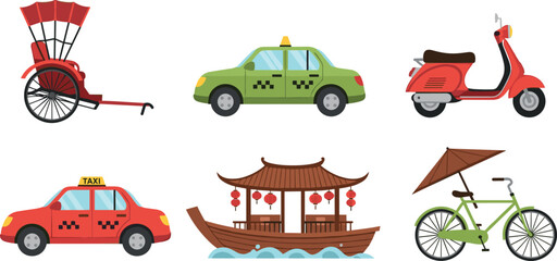 Naklejka premium Vector Illustration of Diverse Transportation Vehicles Including Rickshaw, Taxi, Scooter, Bicycle, and Traditional Boat, on White Background